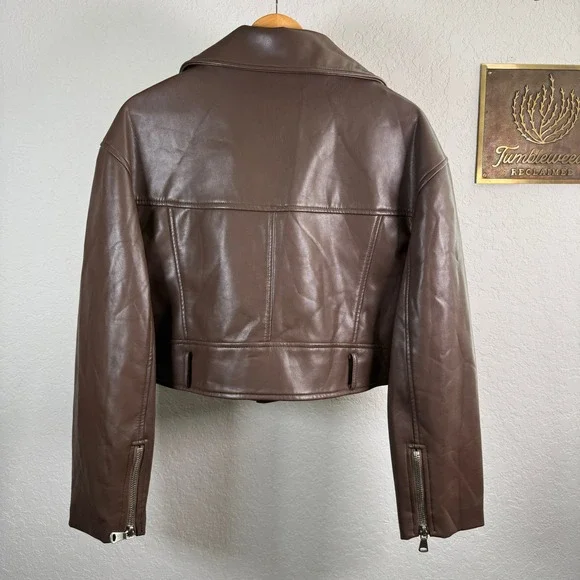 Lioness Staten Island Brown Vegan Leather Cropped Moto Jacket Womens XS NEW - Picture 7 of 11